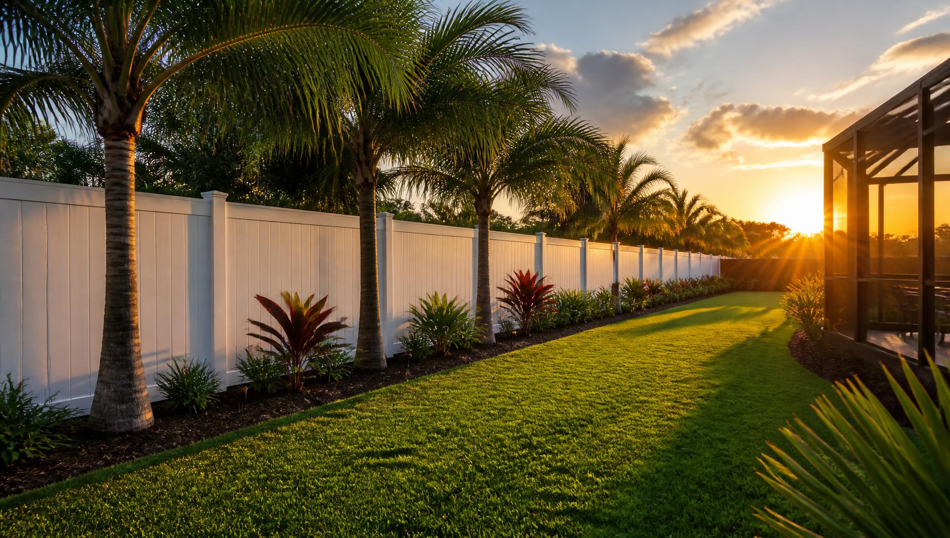New white vinyl privacy fence along a Florida backyard at sunset